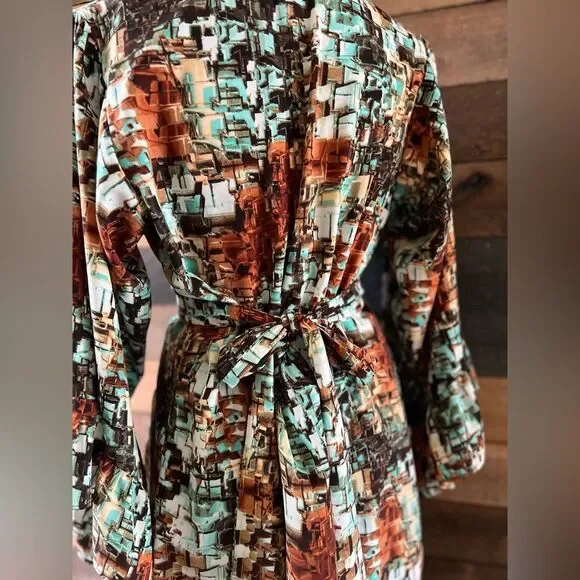 Betsey Johnson Set Shirt & Skirt Medium Brown Green Geometric Bell Sleeve Top - Picture 12 of 13